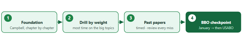Four-stage USABO study plan: build the foundation from Campbell, drill topics by exam weight, work past papers under time, use the January BBO as a checkpoint