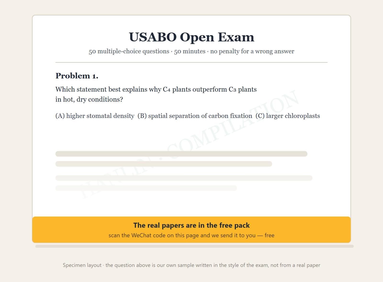 Specimen layout of a compiled USABO Open Exam page: 50 multiple-choice questions in 50 minutes with no penalty for a wrong answer, showing a sample question written in the style of the exam with later problems fading out.
