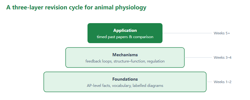 A three-layer revision pyramid for animal physiology. The base layer is foundations of AP-level facts and labelled diagrams for relative weeks one to two. The middle layer is mechanisms, feedback loops and structure-function for weeks three to four. The top layer is application with timed past papers and comparison for weeks five and beyond.